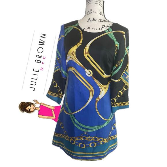 JULIE BROWN SHEATH DRESS 100% SILK SZ 0 EQUESTRIAN PRINT ECLECTIC CHIC COCKTAIL - Picture 1 of 16